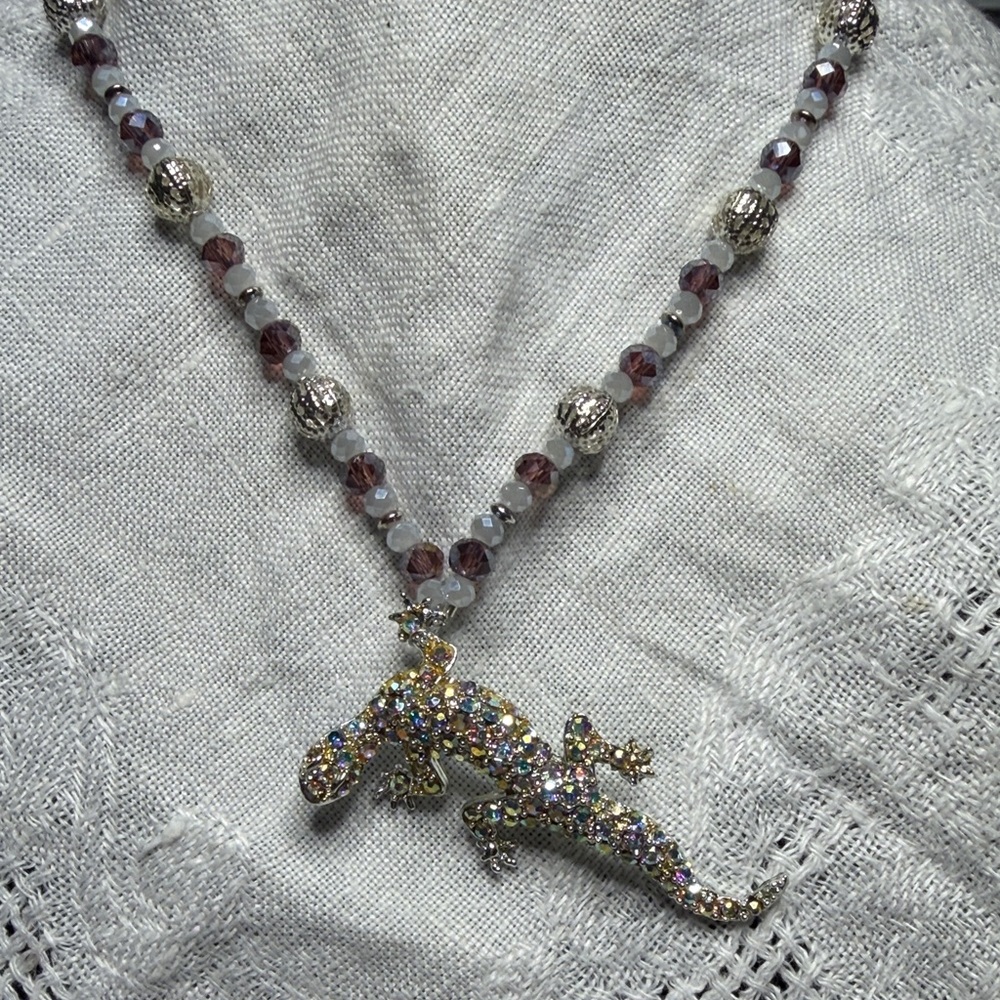 Crystal LIZARD Pendant Necklace with Purple Beads & Earrings Designed with Love!